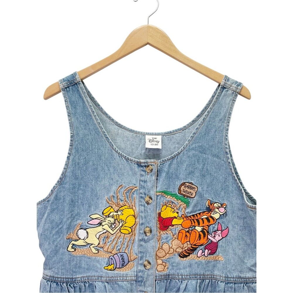 Vintage 90s Disney Store Winnie the Pooh Denim Maxi Dress Embroidered Size Large